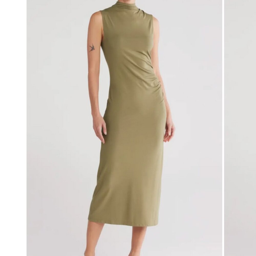 Vince Olive Green Jersey Ruched Midi-Dress Size XS